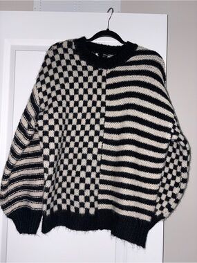 Blu Pepper Black and Cream Checkerboard & Stripe Crewneck Sweater